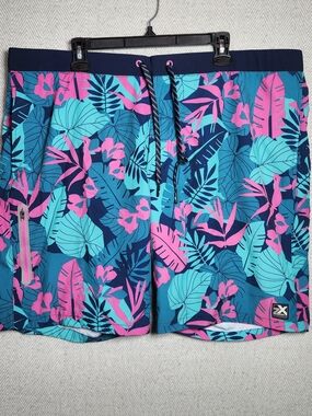 ZeroXposur Men’s XXL Tropical Leaf Print Swim Trunks Teal, Pink, Navy